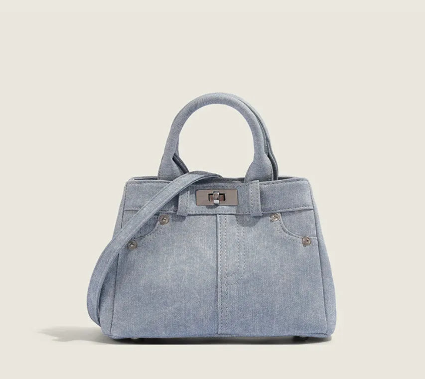 Women's denim shoulder bag in casual style with soft PU construction and polyester lining
