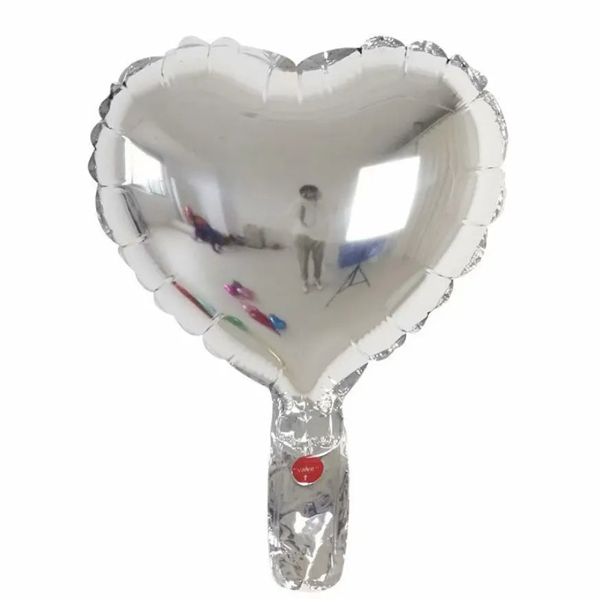 Set of five shiny metallic peach heart-shaped aluminium foil balloons in assorted colours, each measuring 5 inches.