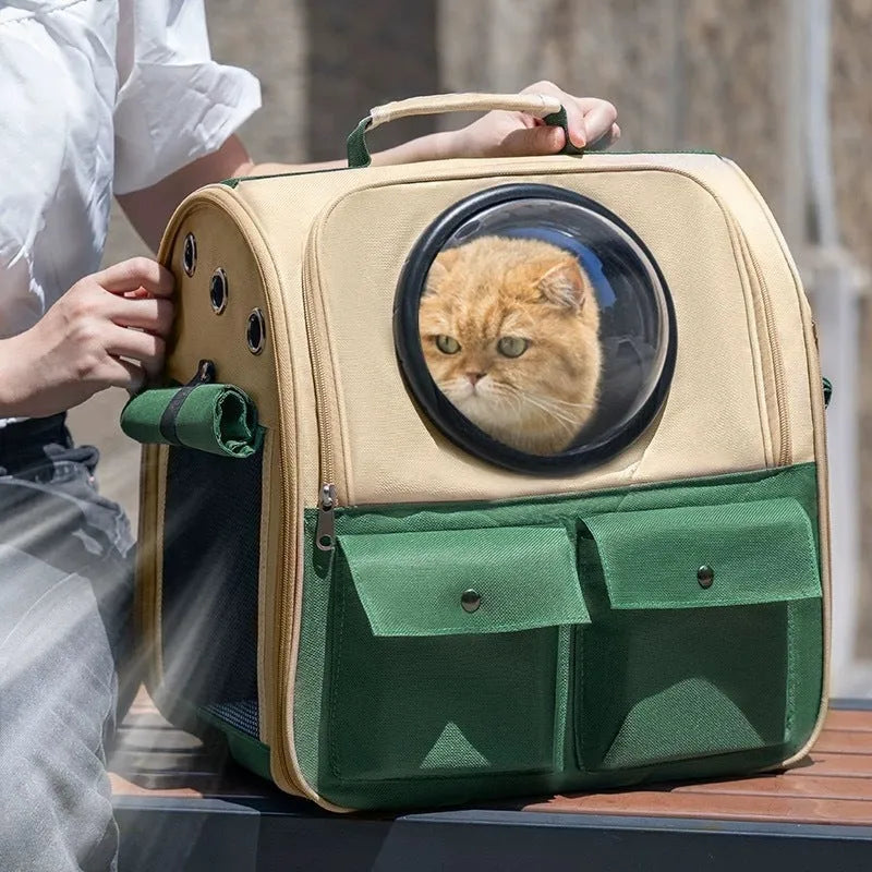 Cat space capsule portable large capacity pet backpack in khaki with green colour for cats up to 7kg