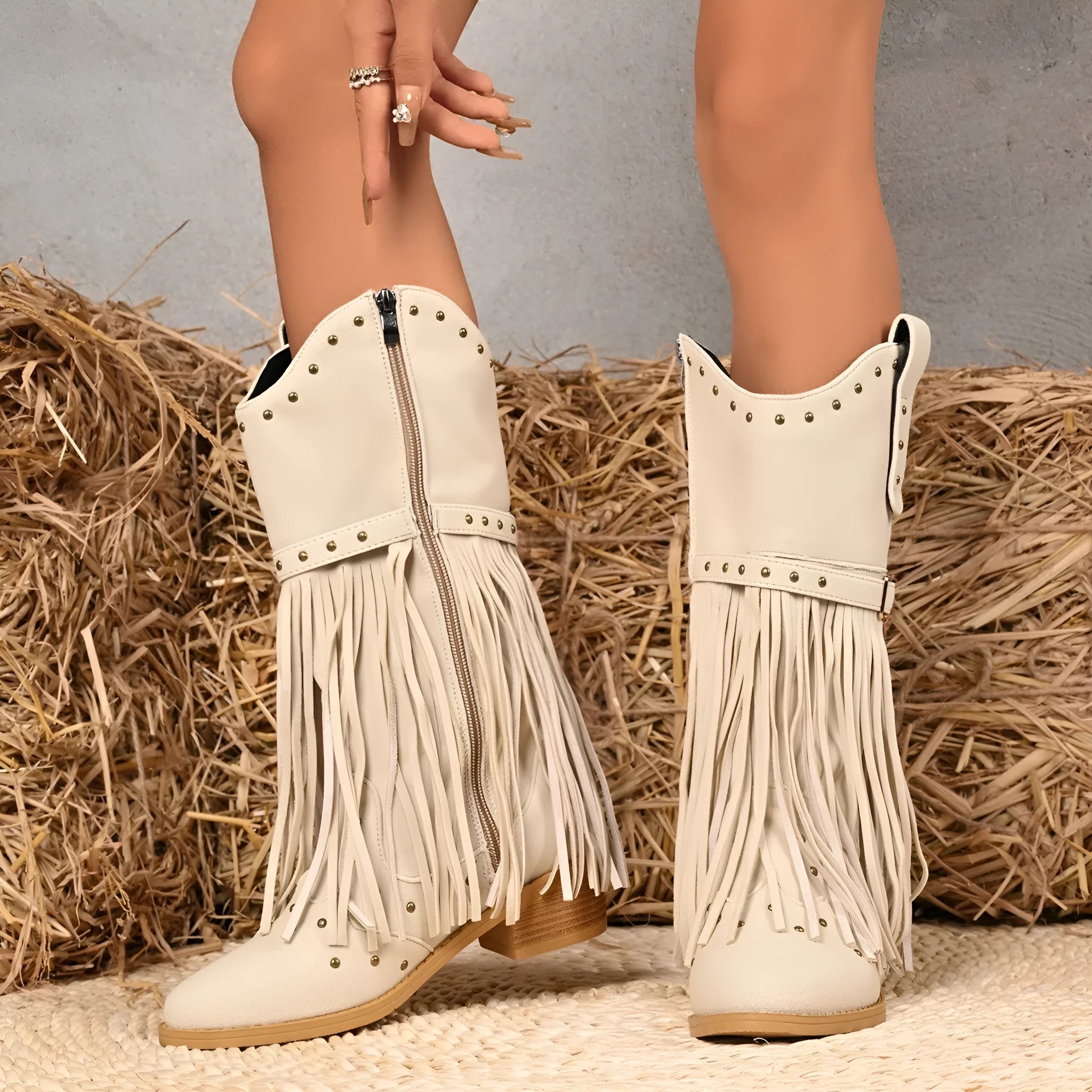 Western cowboy boots for women in beige with belt buckle rivet tassel details and mid heel