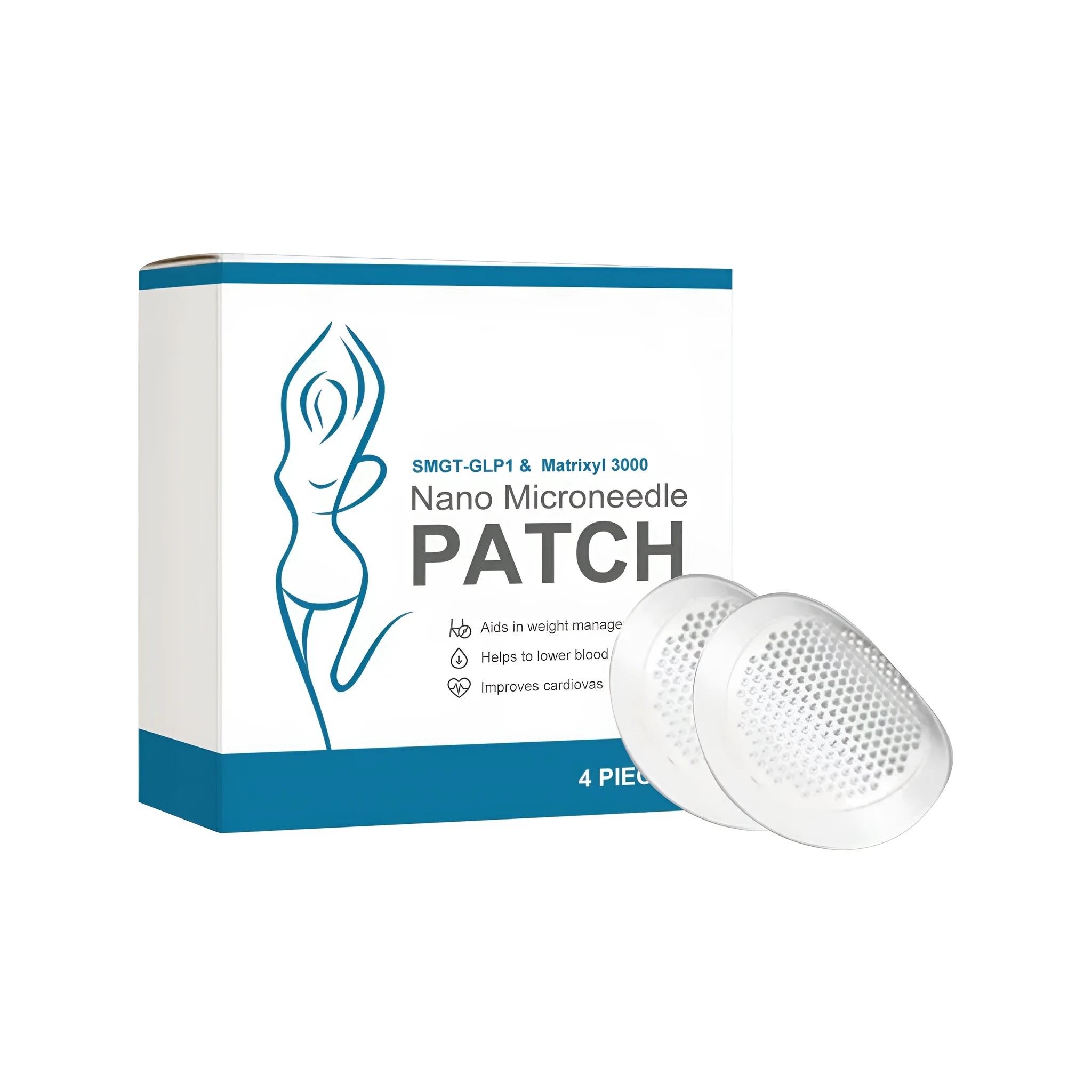 Four transparent body shaping microneedle patches on a white background