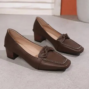 Plus size brown square head bow pumps with low top height increasing rubber sole on foot model