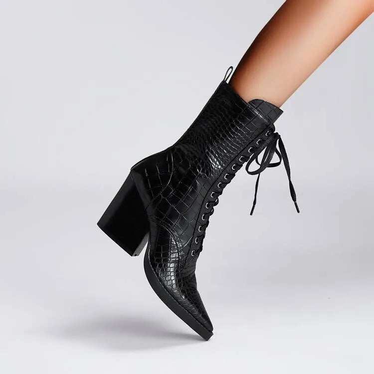 Retro pointed toe women's boots with chunky heel and side zip fastening in dark brown colour