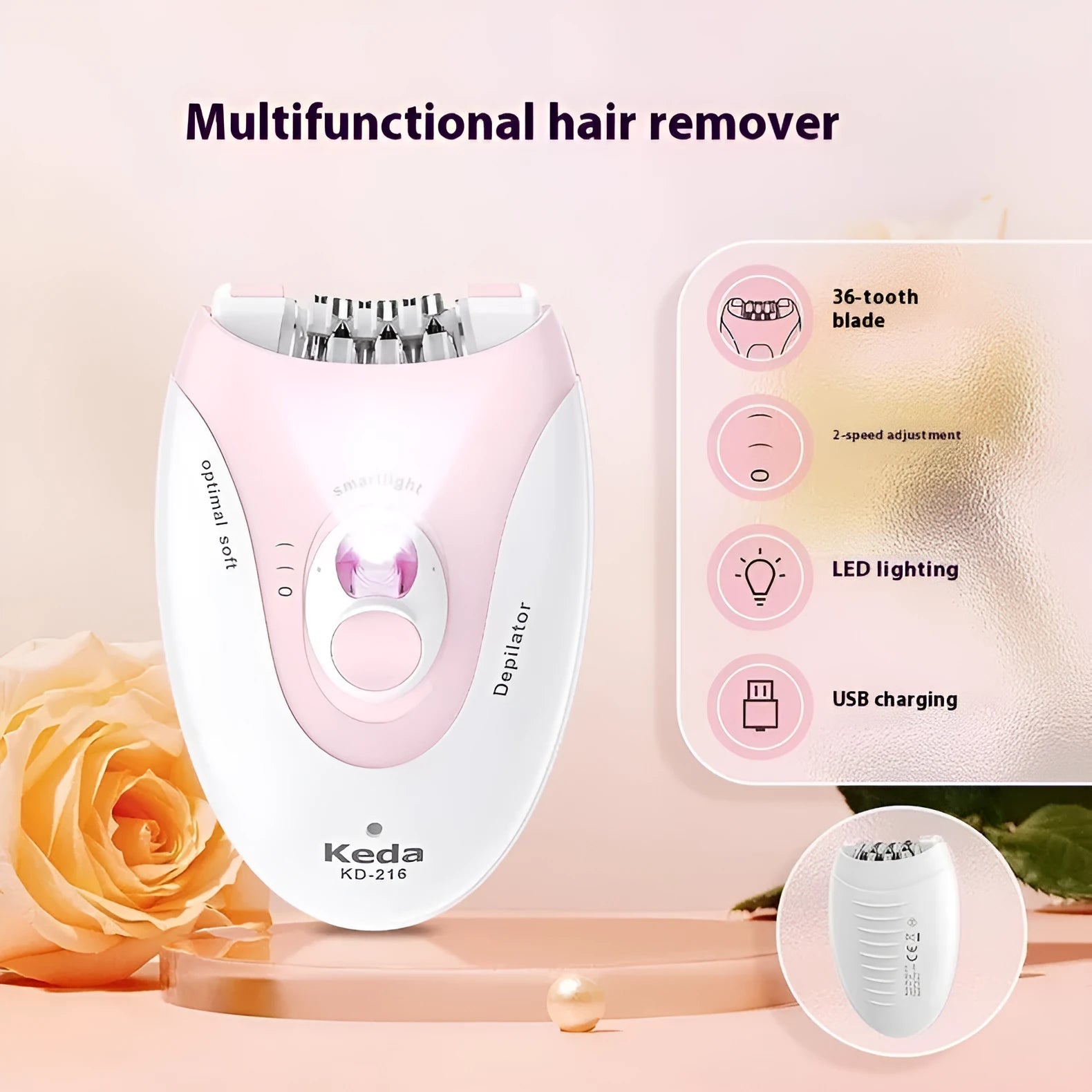 Portable USB-powered electric epilator in colour KEDA-216 with cleaning brush.