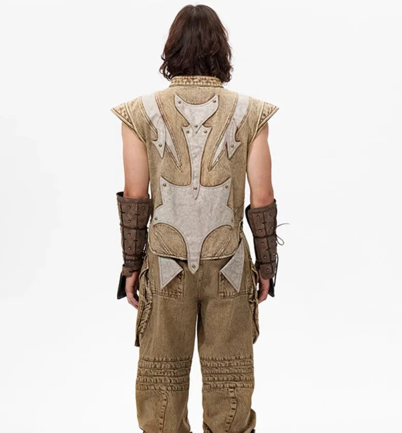 Pleated denim vest in refined Korean style with water washing finish