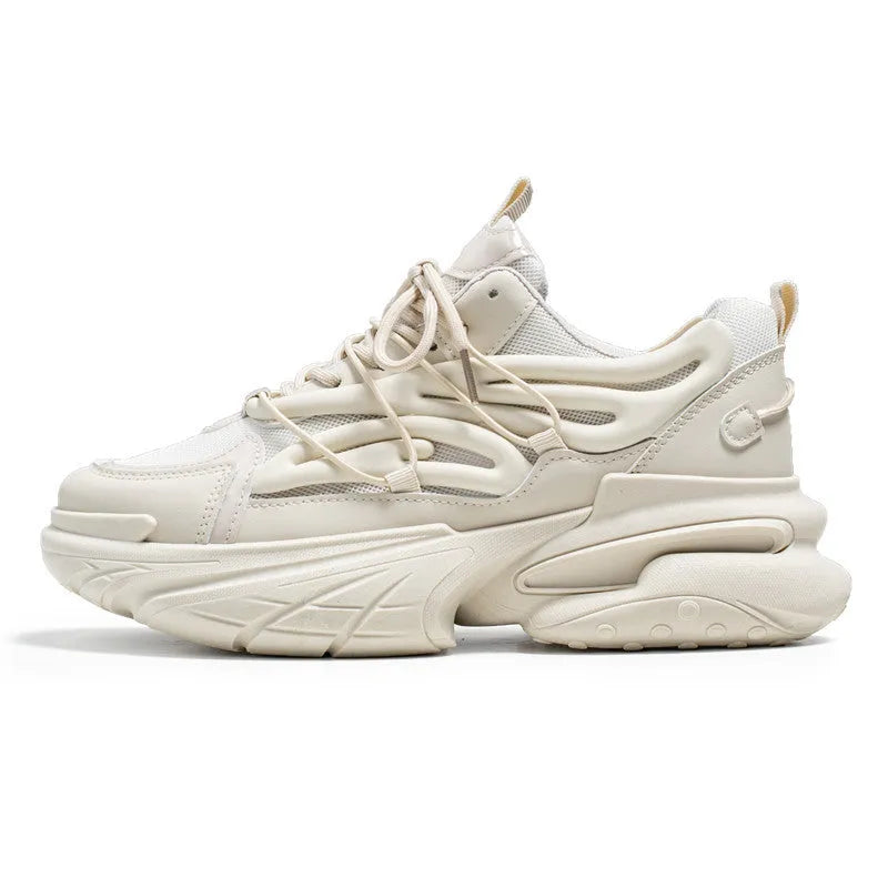 Men's beige low-top sneakers with mesh upper, platform rubber sole, and lace-up front