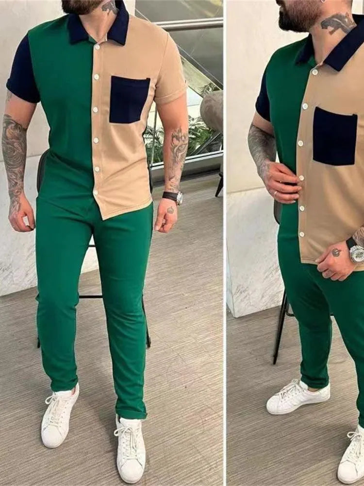 Men's colour-matching short-sleeved shirt and trousers casual sports suit in green, white, red, and wheat colour options