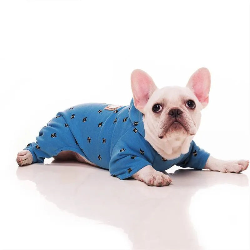 Blue velvet pet hoodie for dogs, available in sizes XS to XXXL with chest and back measurements