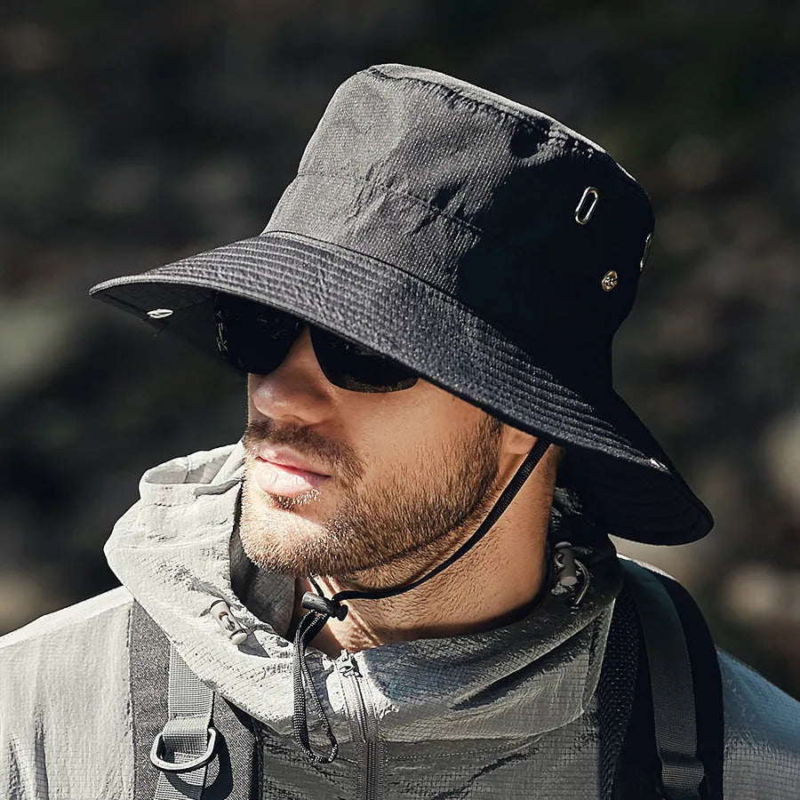 Men's big brim sun protection hat in khaki polyester fabric with dome crown, adult free size 58-60cm