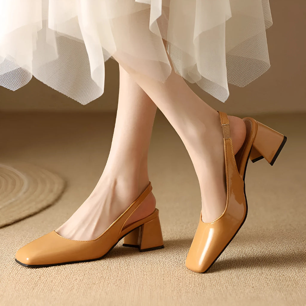 Women's square toe slip-on sandals with buckle in apricot, black, and pink, PU upper, rubber sole.