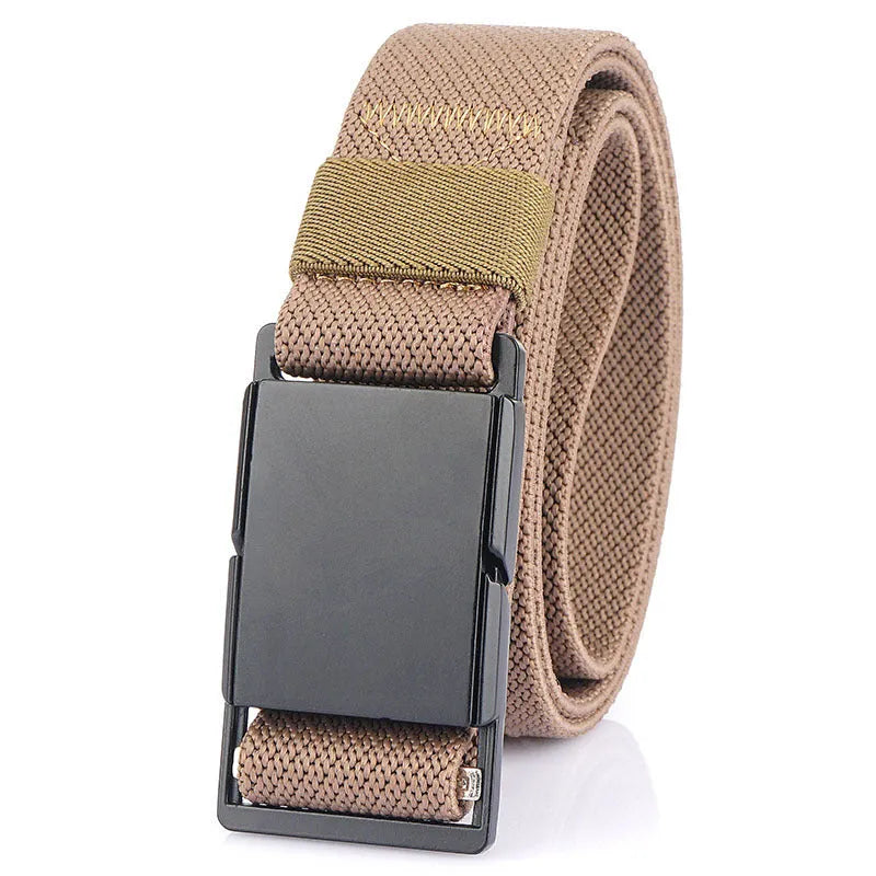 Casual polyester belt with a silver alloy magnetic buckle in army green colour.