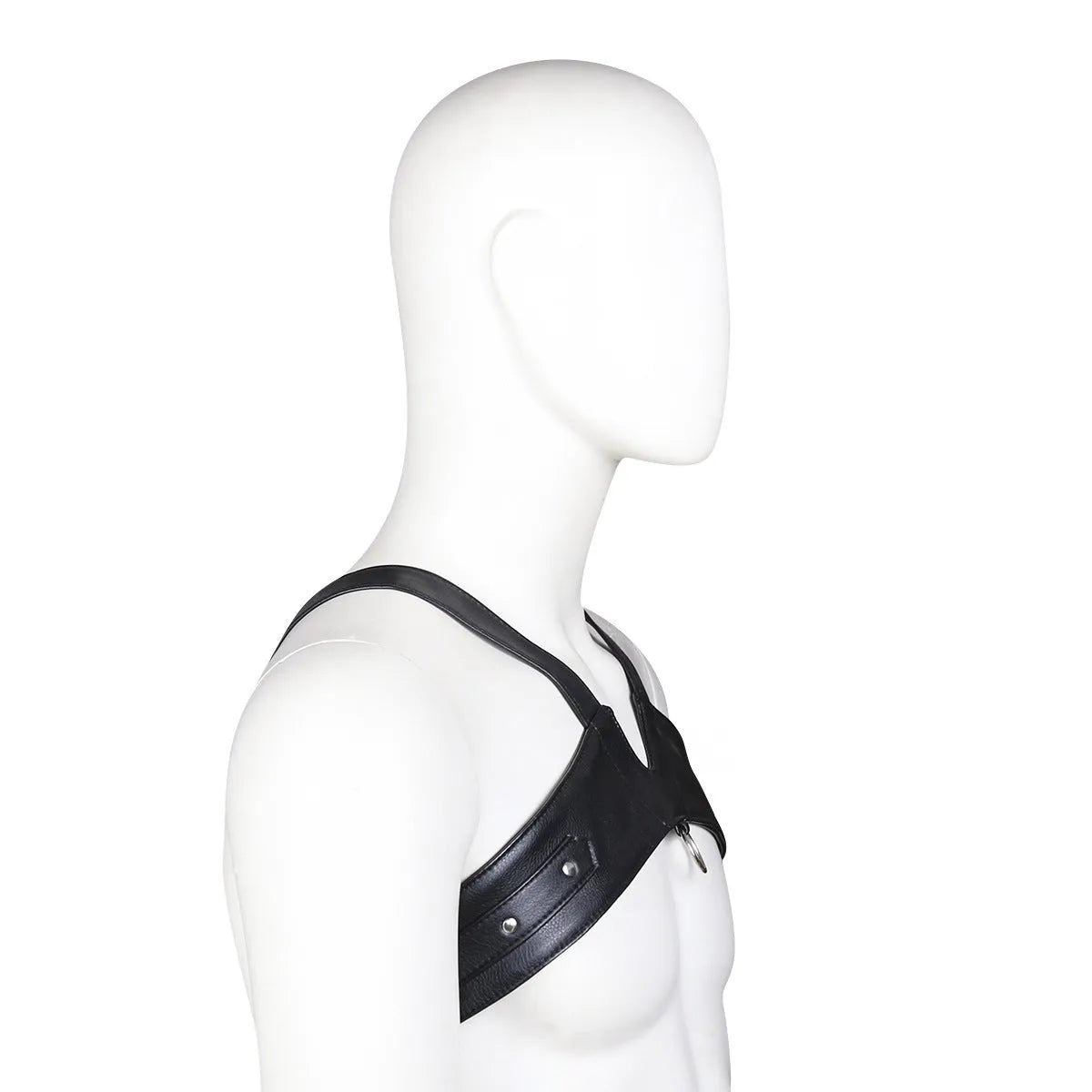 Black leather adjustable men's chest strap harness laid flat on a neutral background with adjustable fastener visible