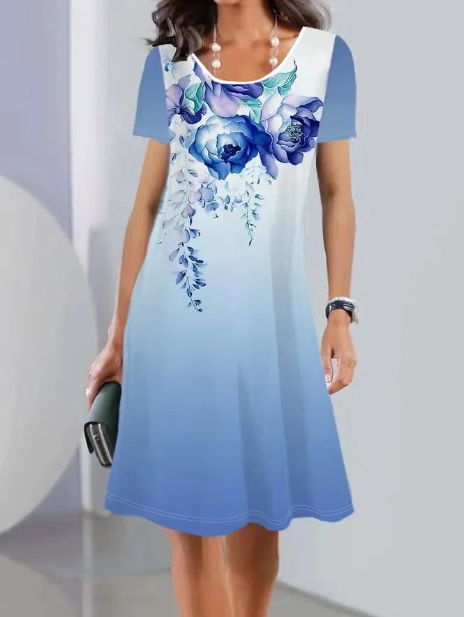 Women's floral printed Ice Silk A-line dress with short sleeves and round neck.