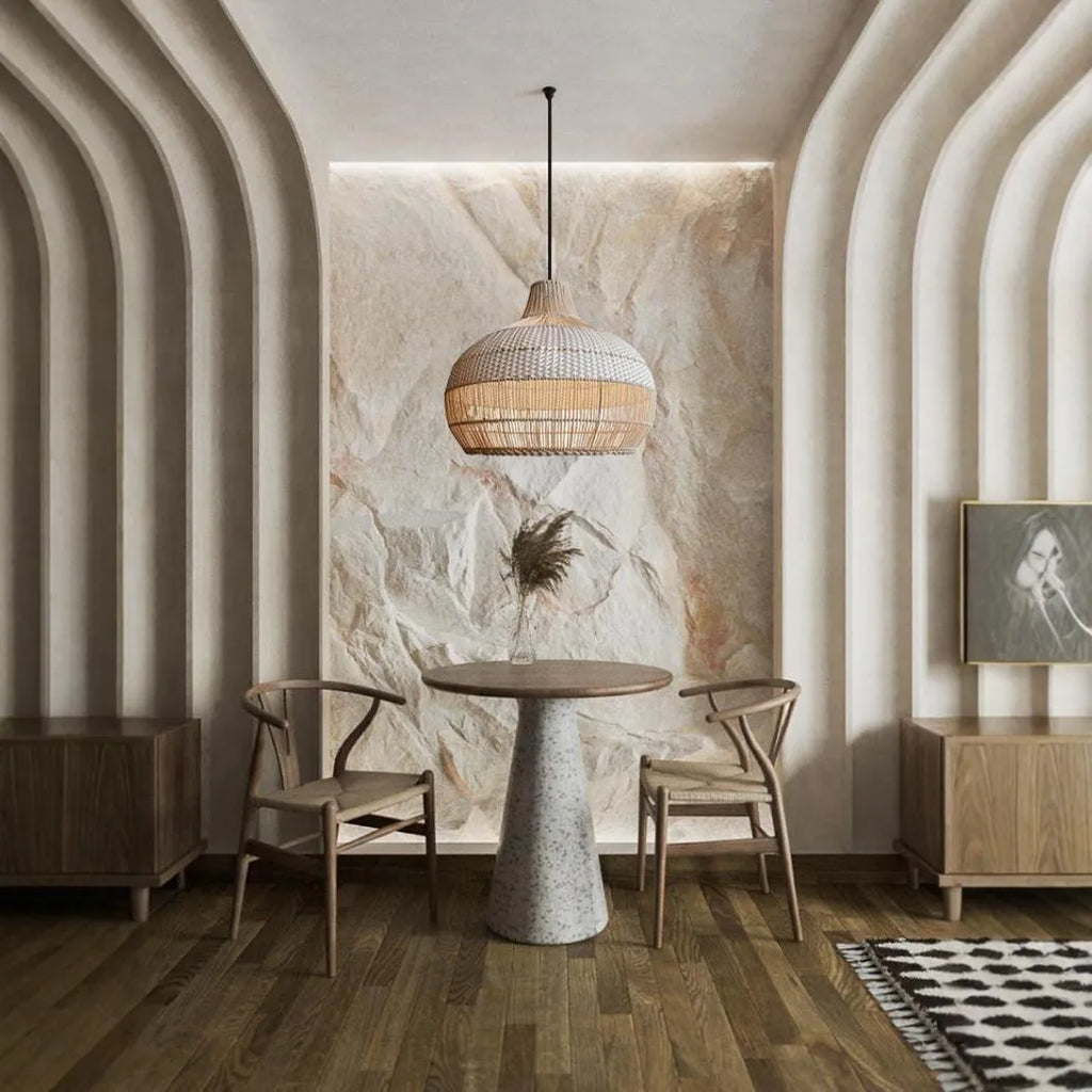 Natural rattan woven chandelier with a pastoral Southeast Asian design, 60cm in diameter.