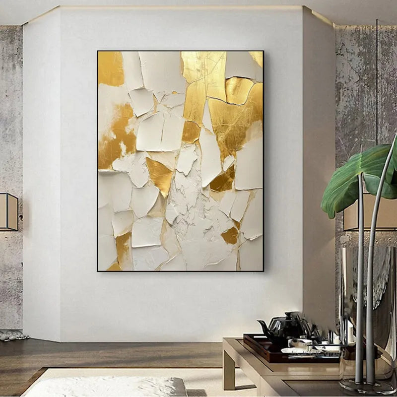 Handmade golden and white abstract oil painting on canvas, vertical orientation, no frame