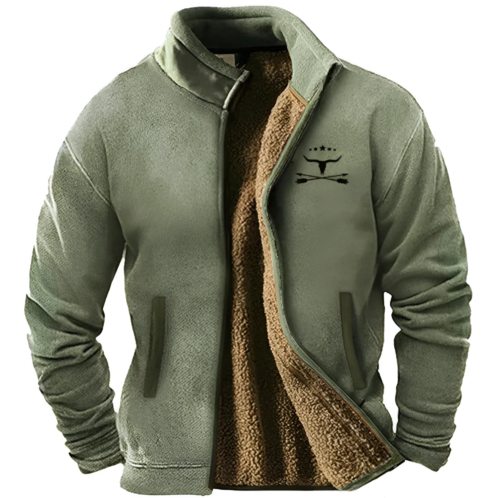 Men's green polyester padded coat on a hanger, regular fit.