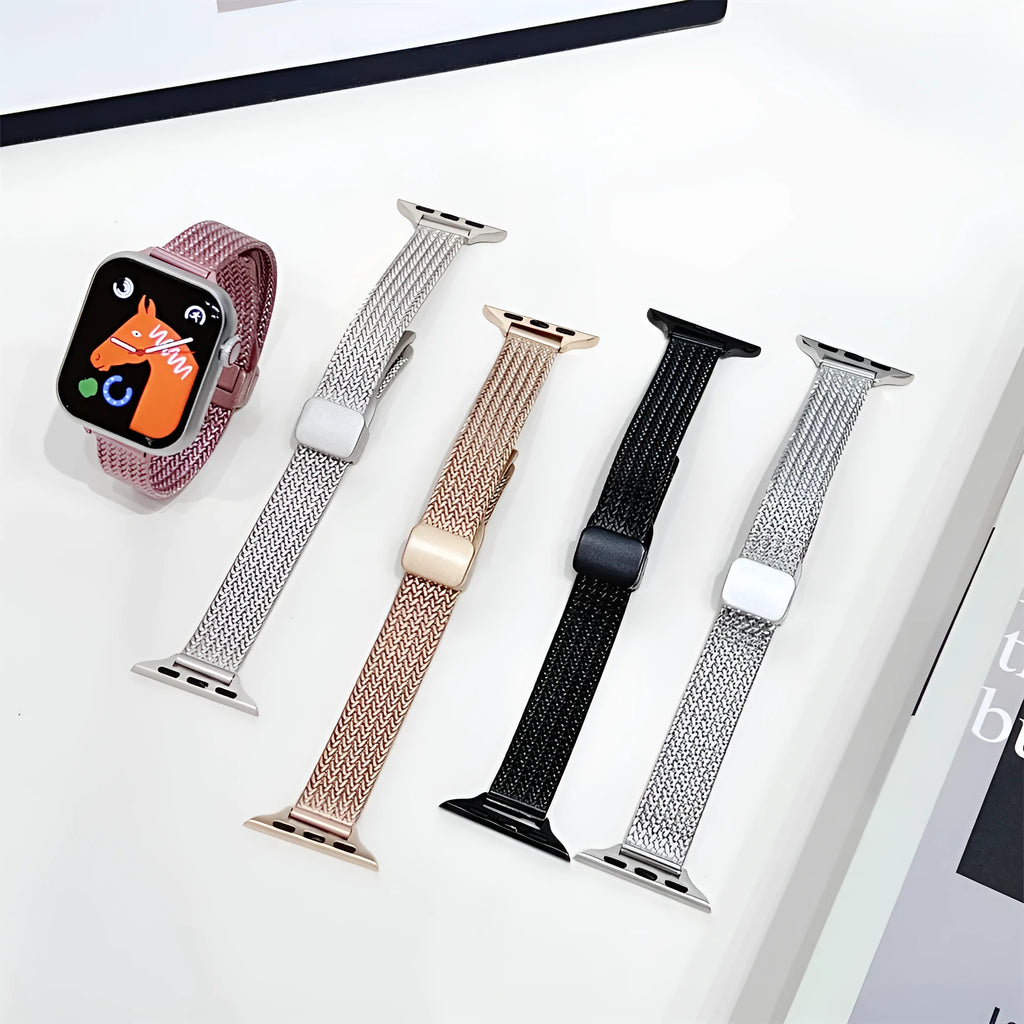 Magnetic buckle stainless steel watch strap for Apple Watch 38/40/41mm and 42/44/45/49mm, available in black silver starlight pink rose gold