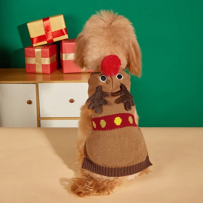 Pet dog wearing acrylic knit Christmas costume with red Santa hat and white snowflake pattern on a white background