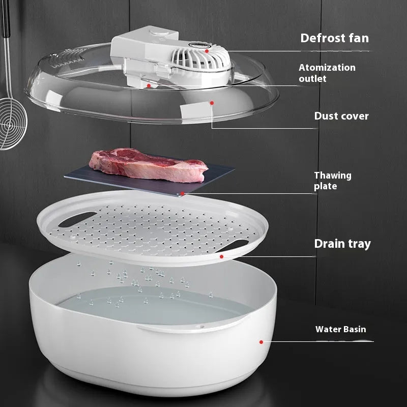 Aluminium household food defrosting plate on a kitchen countertop