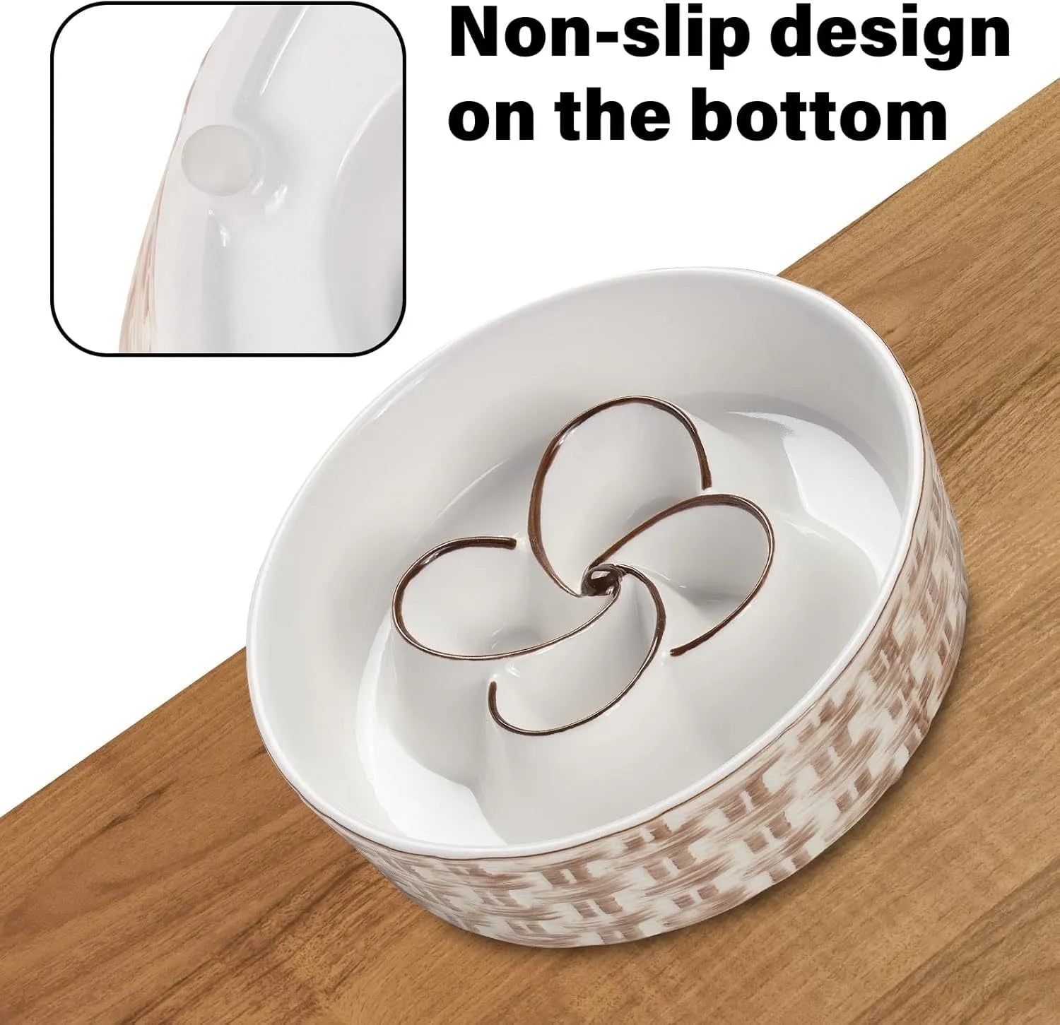 Blue ceramic slow feeder dog bowl with maze pattern and non-slip rubber base for large dogs.