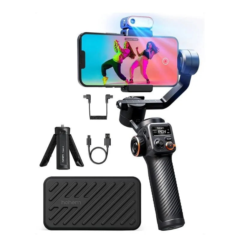 Black three-axis smartphone stabiliser with AI fill light attached, shown with tripod and accessories