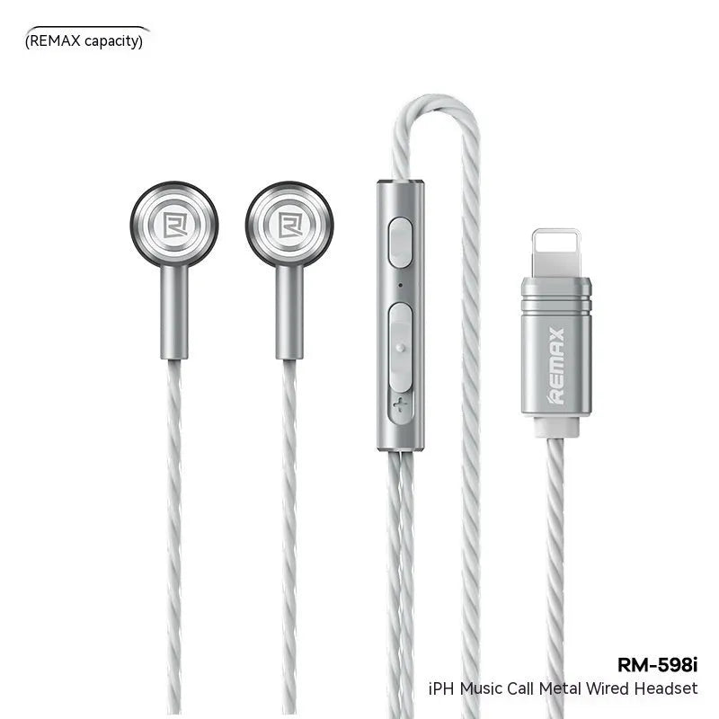 RM711 metal wired e-sports earphones with round hole design in black, green, and silvery, compatible with Type-C and Lightning connectors.