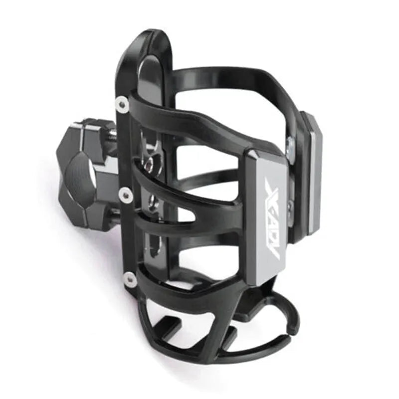 Modified black water bottle cage mounted on a Honda X-ADV scooter frame.