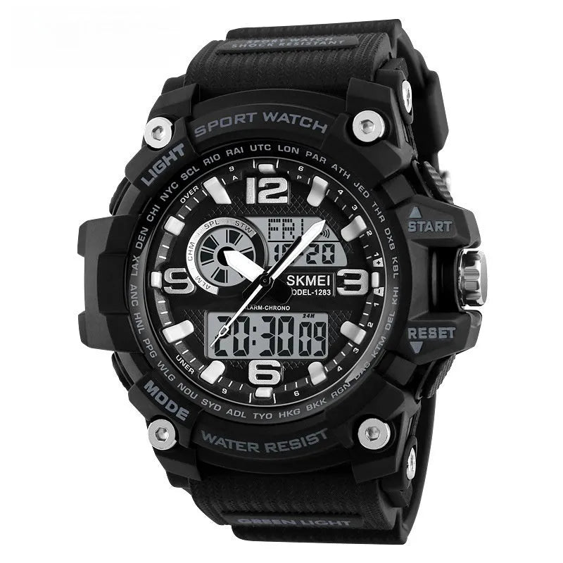 Sports waterproof electronic watch for men in black with silicone strap and plastic case