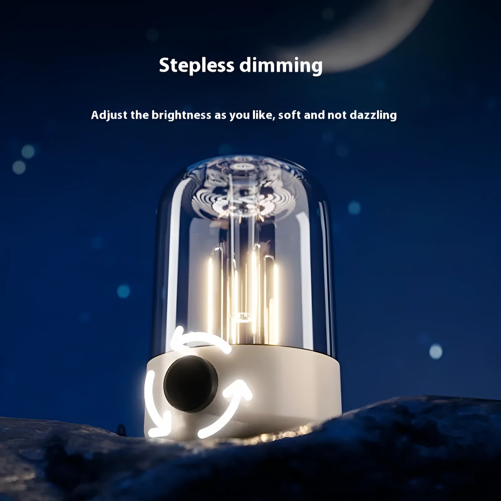 Beige and black camping ambience light with knob control, USB port, and dual lamp beads