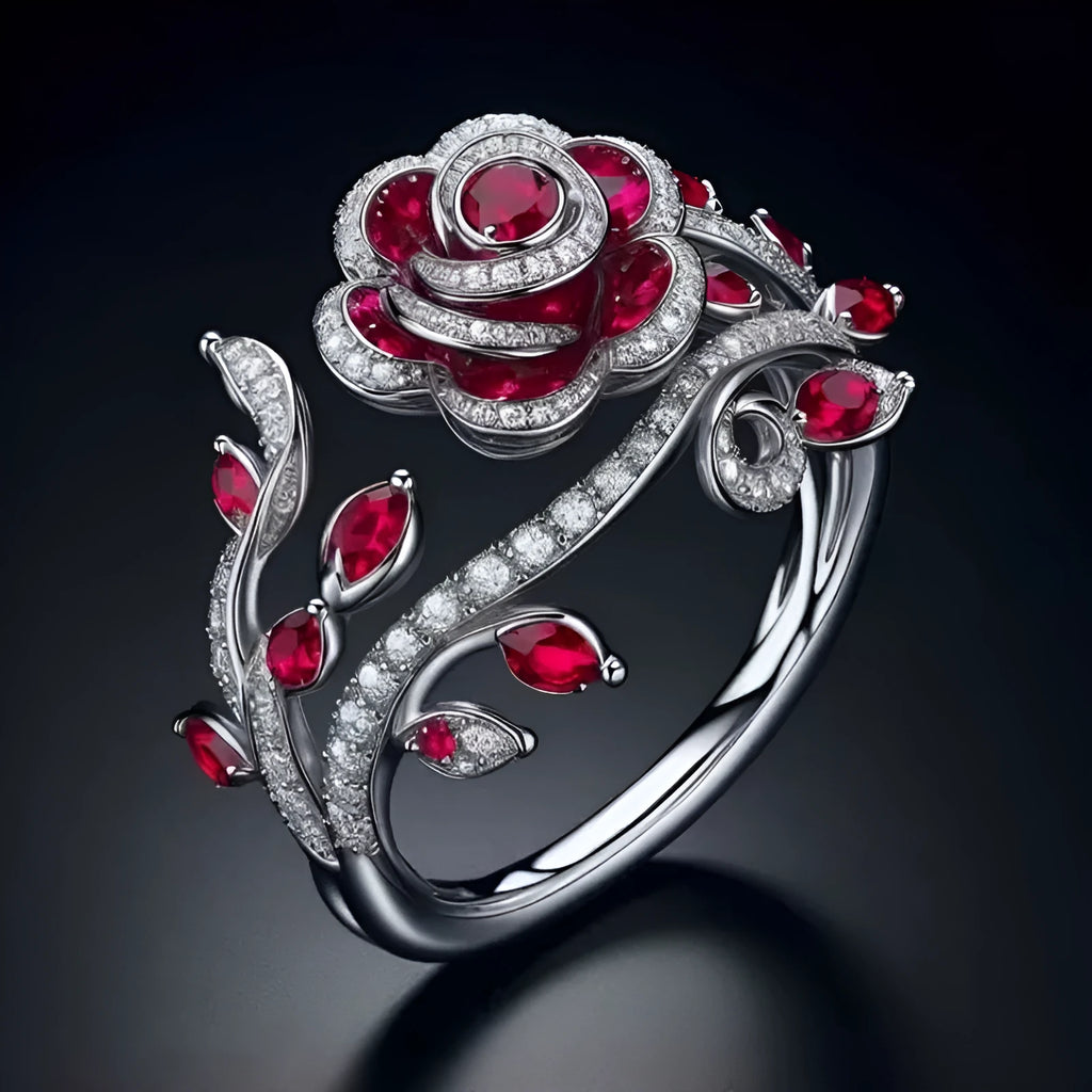 Silver ring with interwoven leaf pattern and red zircon stone