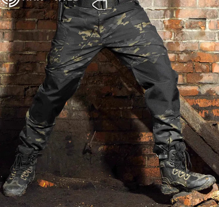 Quartermaster camouflage tactical pants in CP camouflage pattern, slim fit with belt loops and multiple pockets on light background