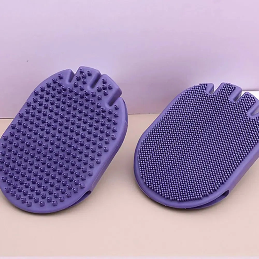 Purple pet grooming brush with dual-sided design and ergonomic handle for dog and cat bathing