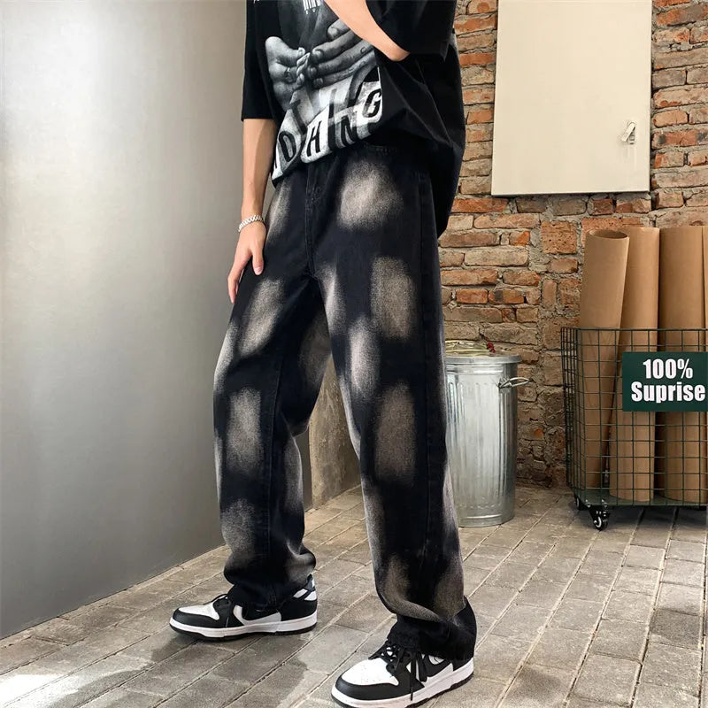 High Street tie-dye hip-hop straight jeans for men and women in black cotton, size options S to 2XL