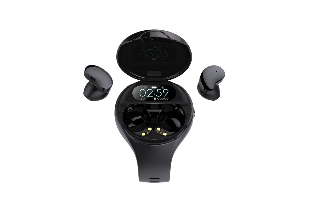 Black smart bracelet with detachable wireless earphones showing colour screen display