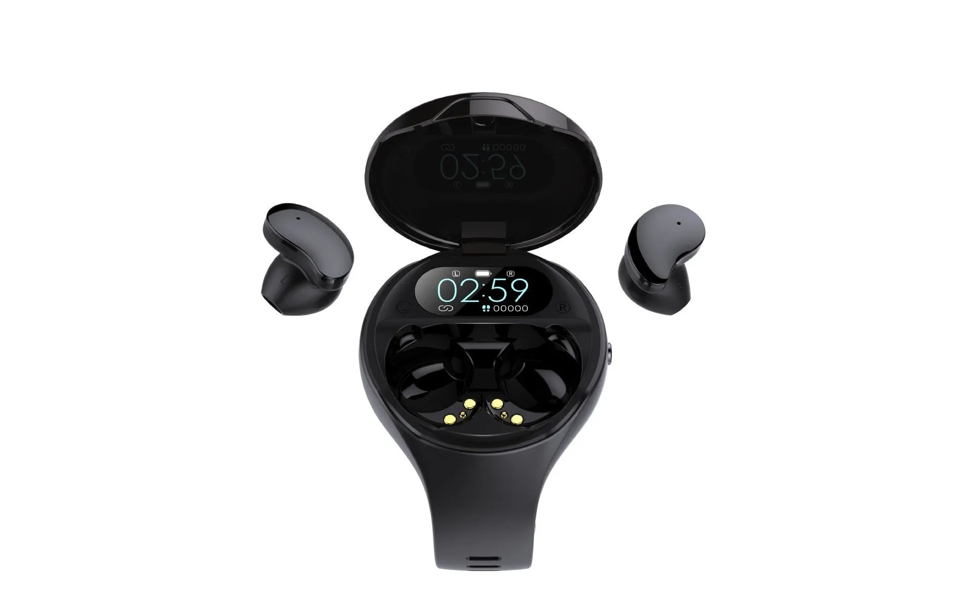 Black smart bracelet with detachable wireless earphones showing colour screen display