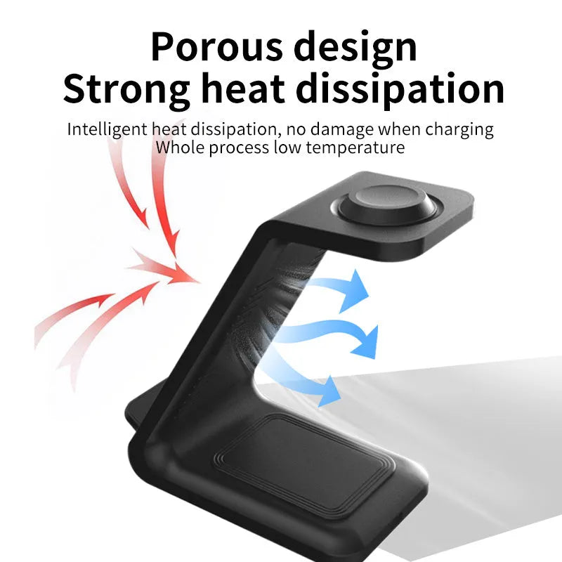 White 3-in-1 upright wireless charging stand holding a mobile phone in landscape orientation on a desk.