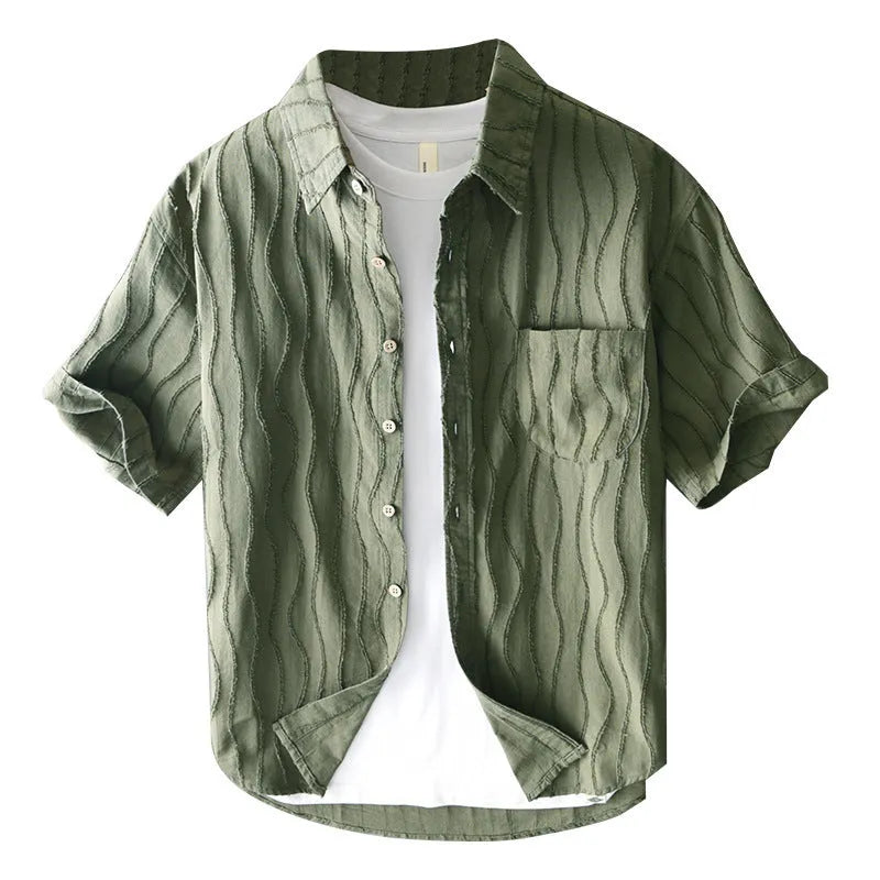 Men's apricot coloured pure cotton casual shirt with short sleeves and loose fit.