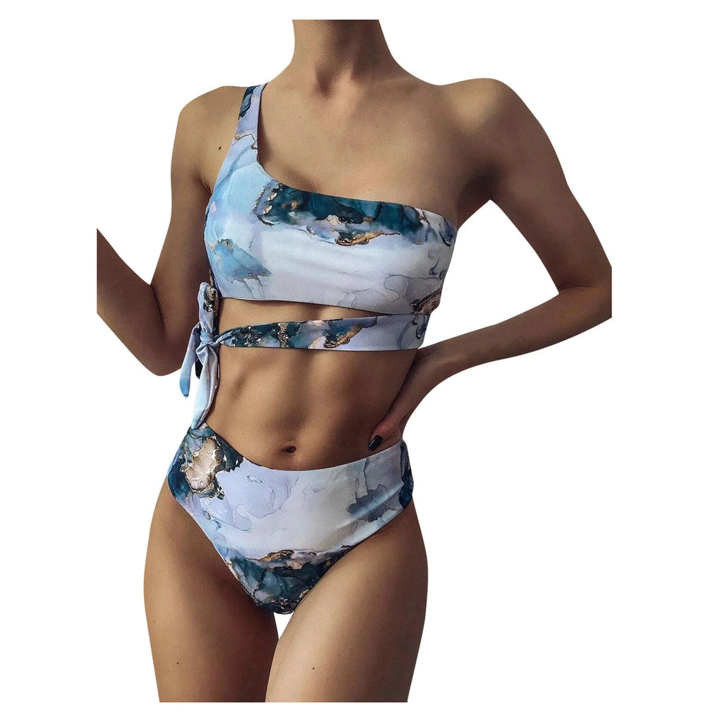 Women's marble tie-dye high waist bikini swimwear with U-neck design in separated two-piece style