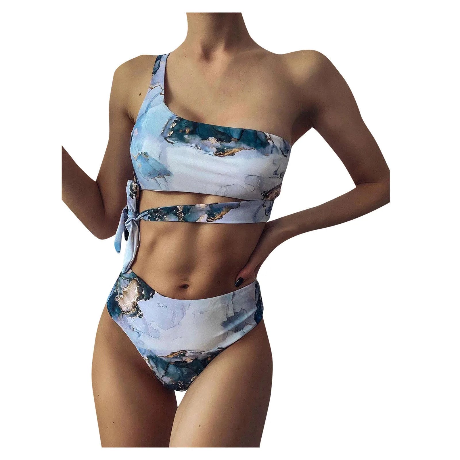 Women's marble tie-dye high waist bikini swimwear with U-neck design in separated two-piece style