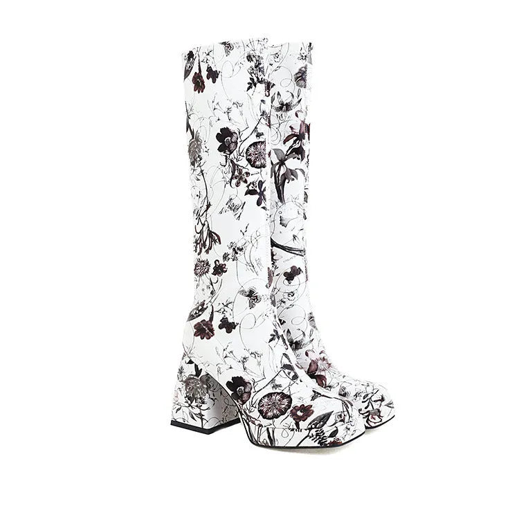 Fashion ladies square toe ankle boots with thick heel and floral pattern in sheep pattern black colour