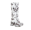 Fashion ladies square toe ankle boots with thick heel and floral pattern in sheep pattern black colour