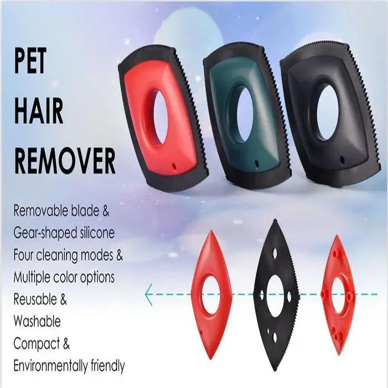 Handheld silicone pet hair removal brush in red on a carpet