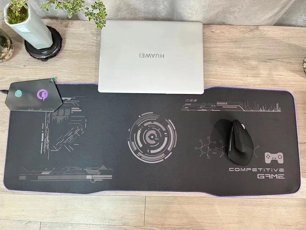 Black mech style gaming mouse mat with TYPC charging interface and 300x800mm dimensions