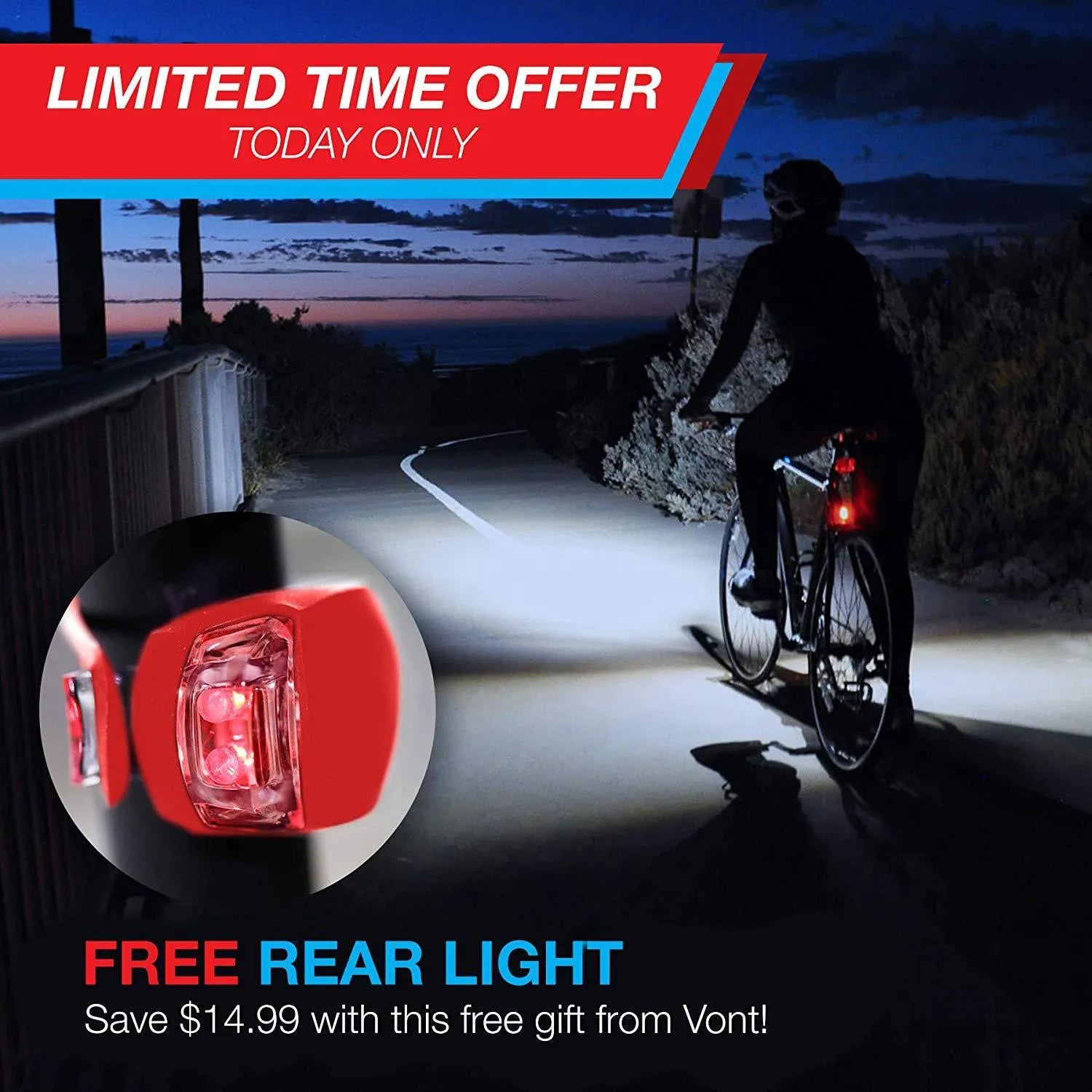 Bicycle headlights and taillights set showing a white front light, red rear light, and a handlebar mounting bracket.