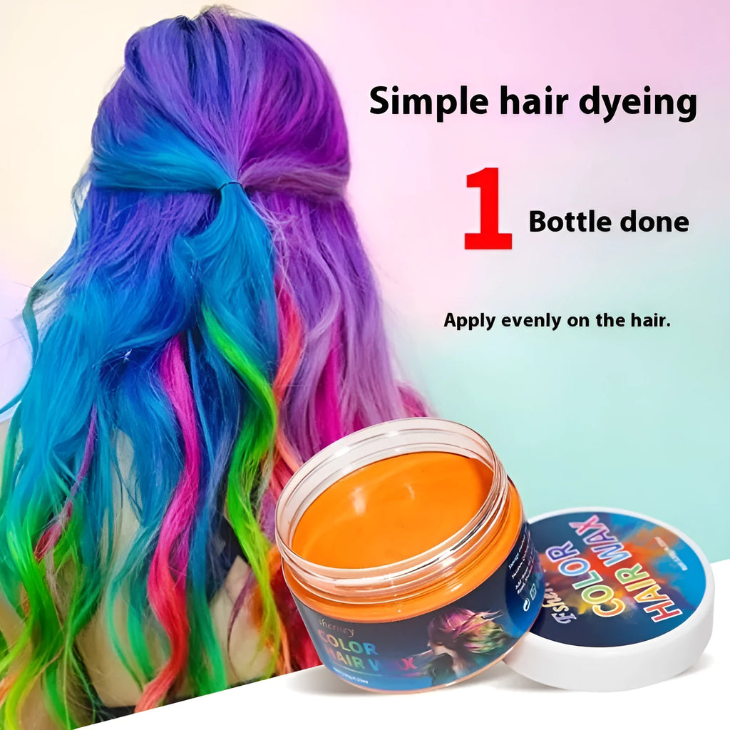 120g pot of strong hold hair styling clay in one of nine colours: white, orange, red, yellow, blue, green, purple, rose, or granny grey.