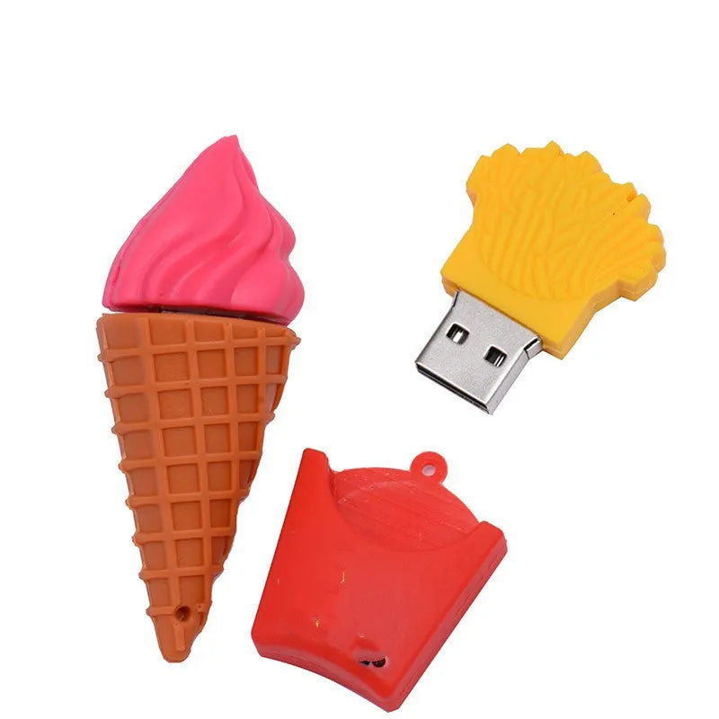 Small pink ice cream cone-shaped USB flash drive on a plain background