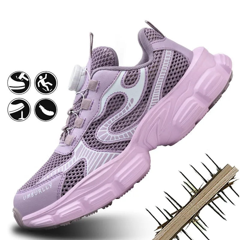 Women's black safety work shoes with fly woven mesh upper, steel toe cap, and lace-up design on a grey background.