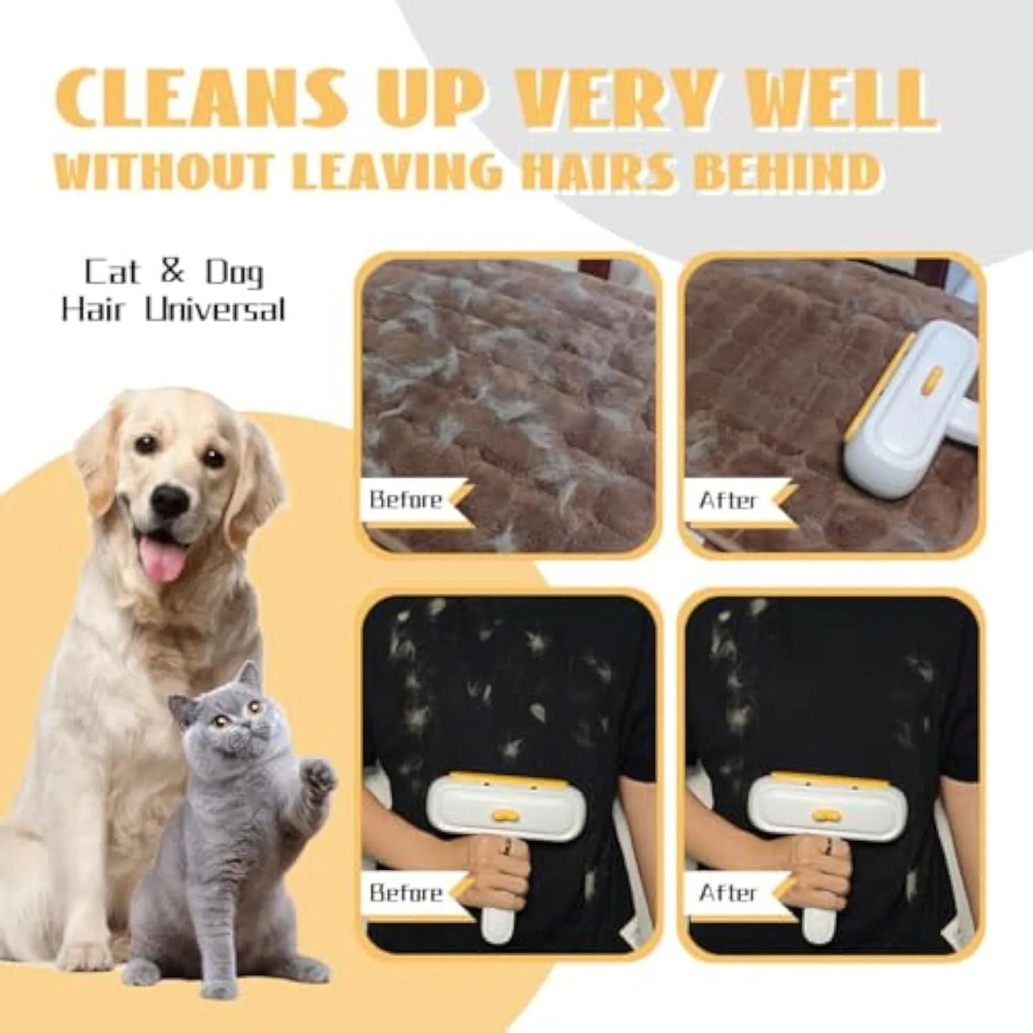 White portable pet hair remover brush with yellow duck cartoon design and polyester bristles.