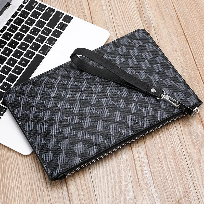 Men's soft black checkered PU leather clutch open to show six card slots and a zippered pocket.