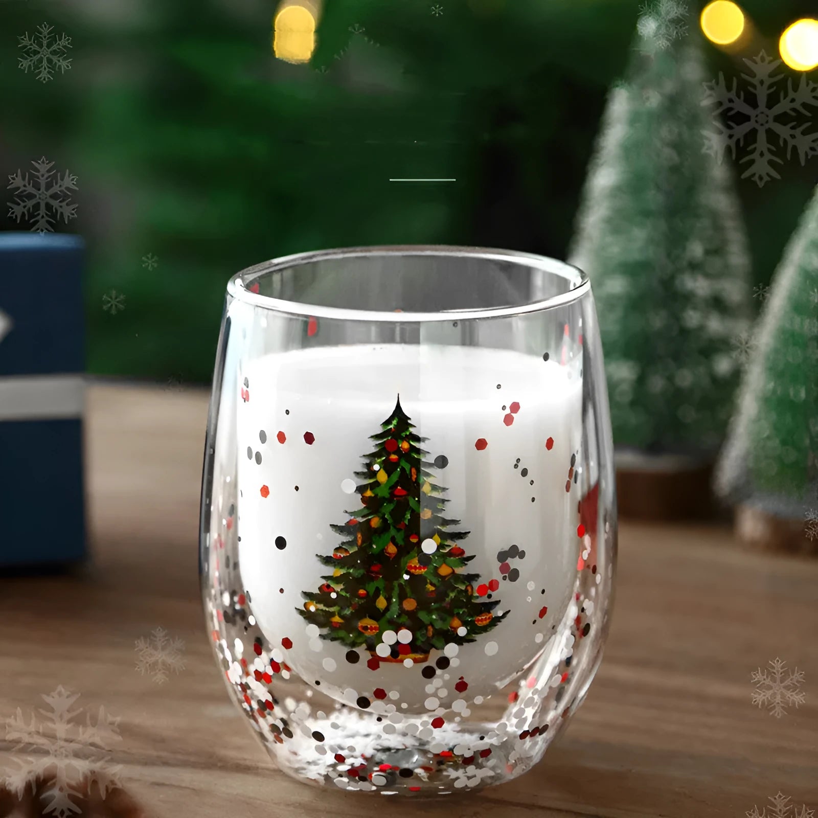 Christmas tree cup with double-layer high boron silicon glass, flowing sequins, and flower pattern, 301-400ml capacity